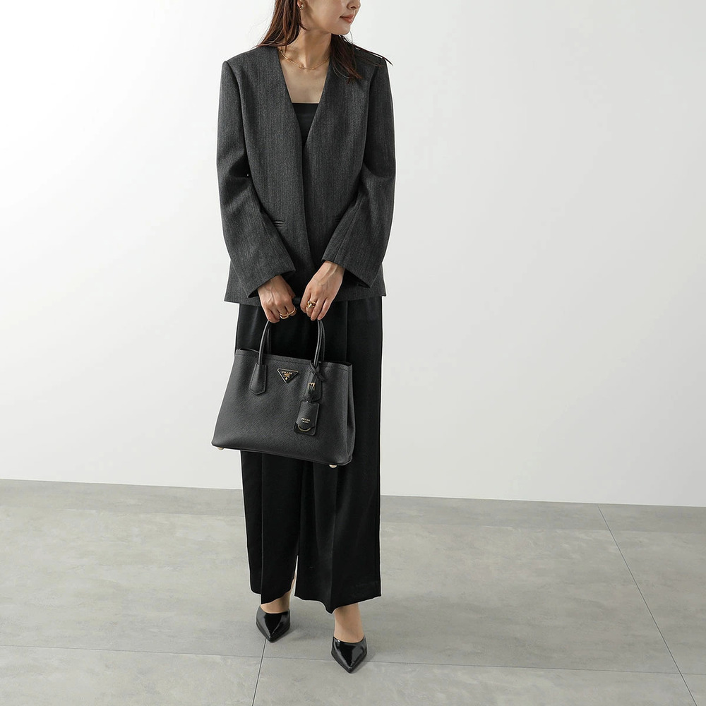 Prada Tote Bag Double V Leather Shoulder Triangle Nero Black